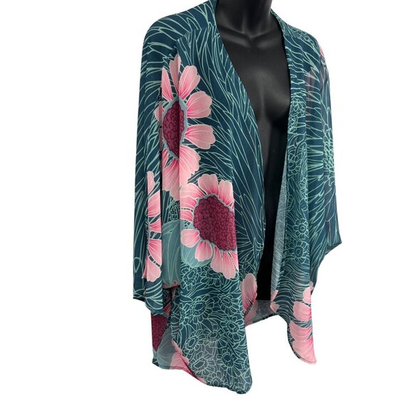 Kini Zamora Women Floral Kimono Cardigan Pink Teal One Size OS Hawaii Cover Up - Picture 3 of 7